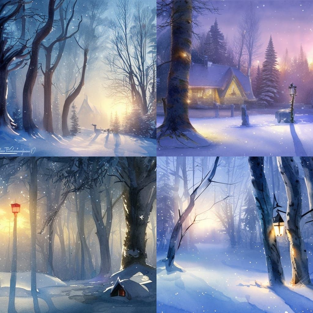 Enchanting Winter Cottage Sunrise in Watercolor