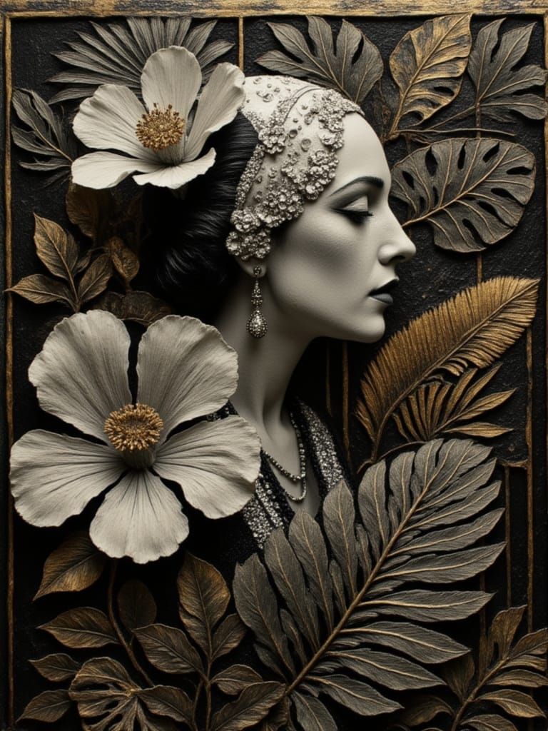 Flapper Dancing in Textured Art Deco Garden