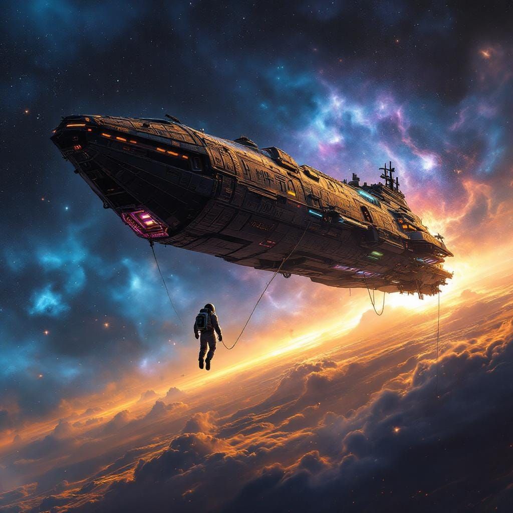 Astronaut and Egyptian Spaceship in Art Deco Style