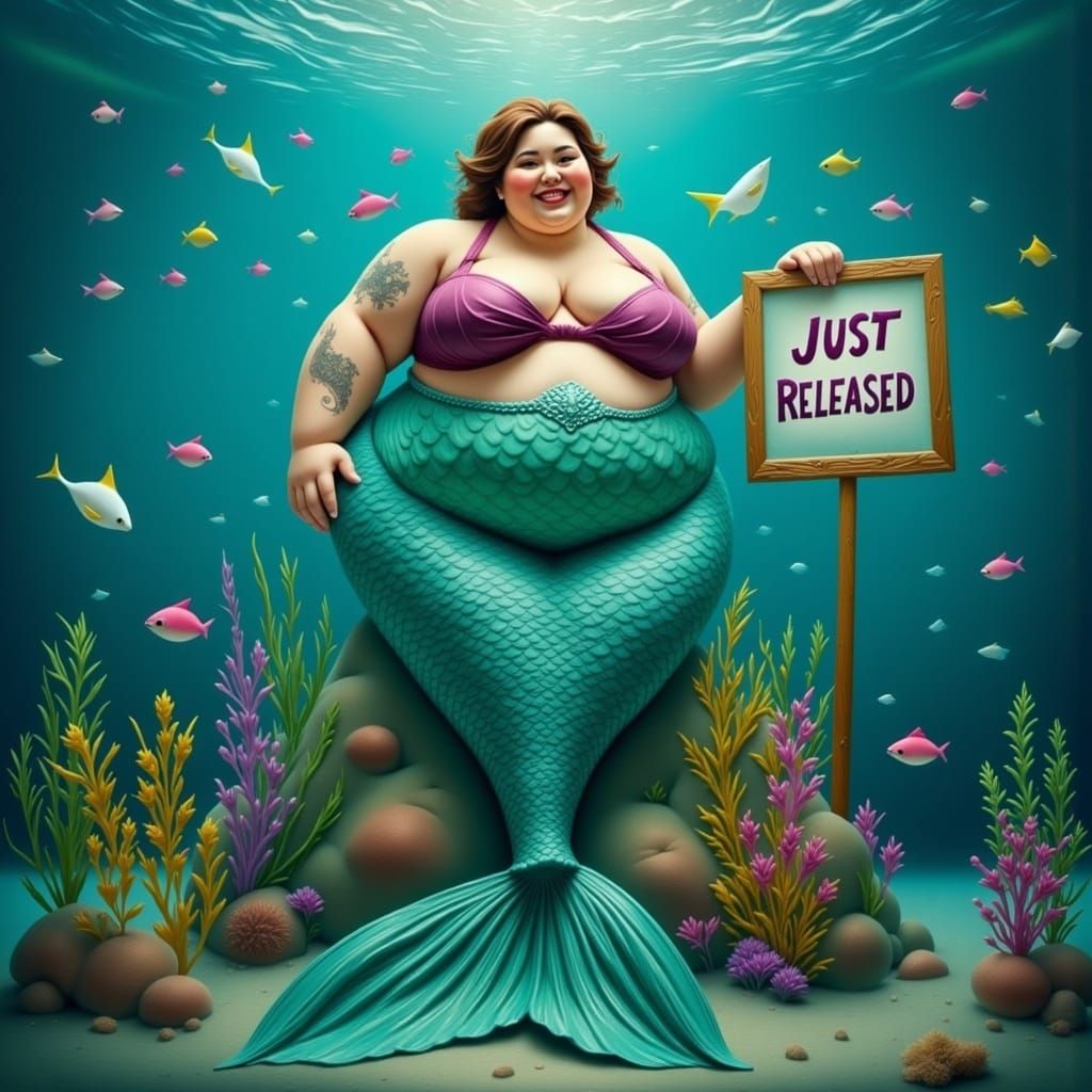 Plus Size Mermaid Underwater Holding Sign