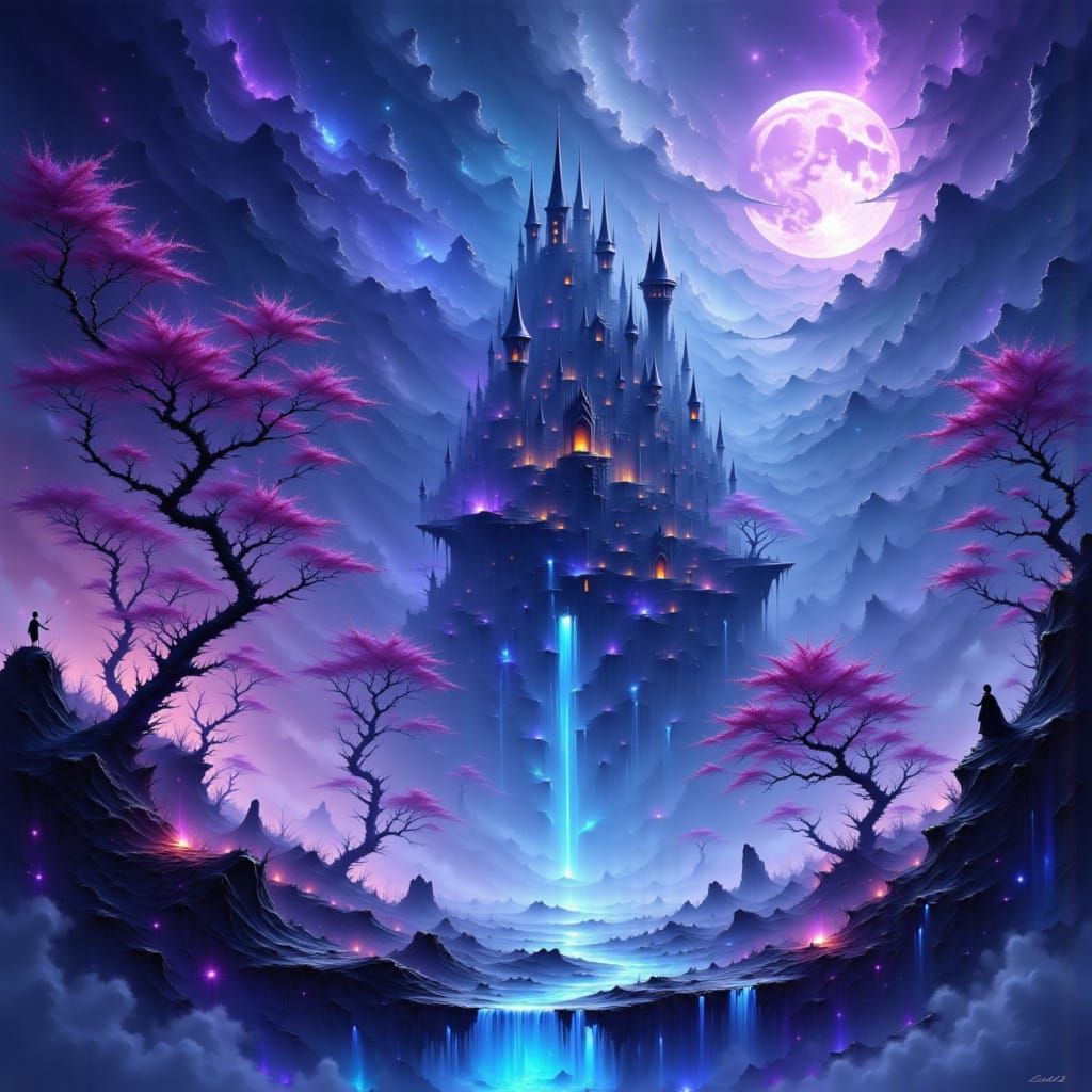 Enchanted Moonlight Castle Amidst a Cosmic Galaxy