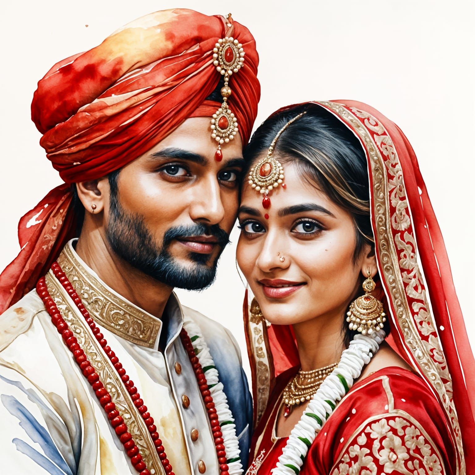 Traditional Indian Wedding Portrait in Watercolor Style