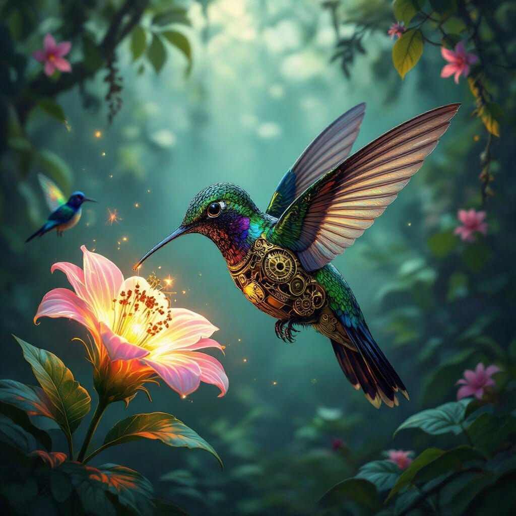 Steampunk Hummingbird in Bioluminescent Jungle, Art Nouveau ...