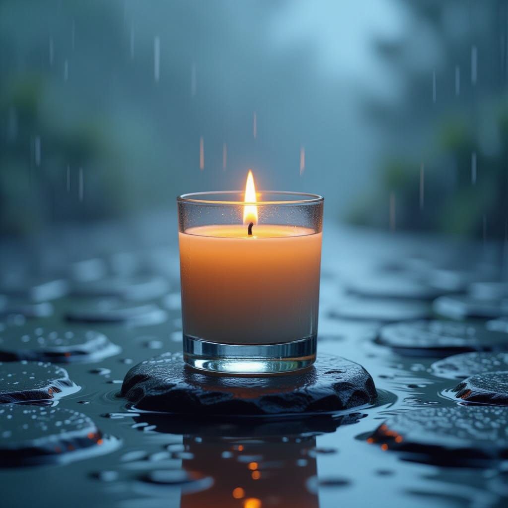 Candle in Rain: Serene Oil Painting