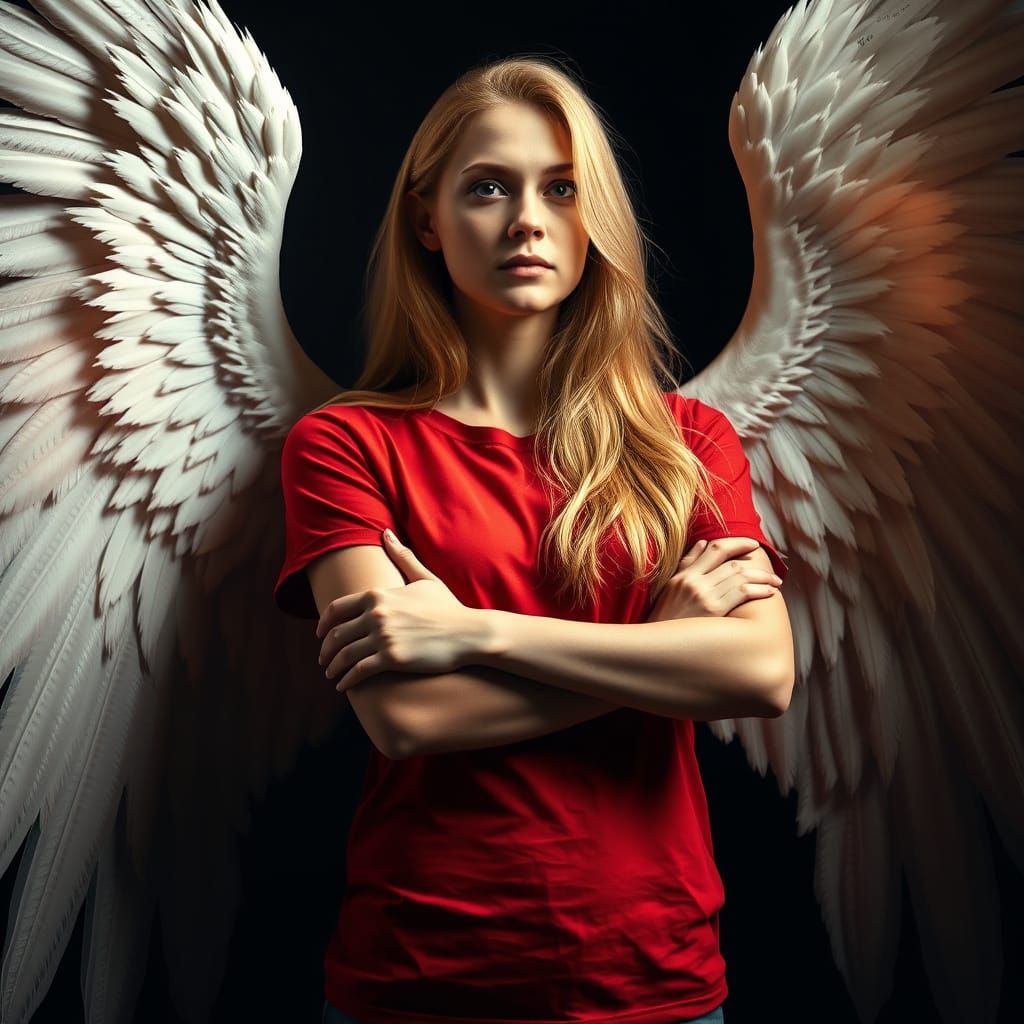 Photorealistic Angel Woman with Red T-Shirt and Detailed Win...