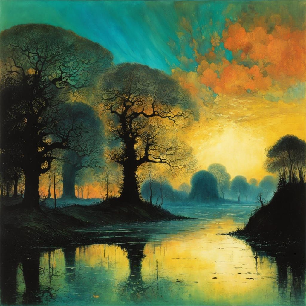 Surreal Landscape with Ancient Oak Trees and Reflections at ...