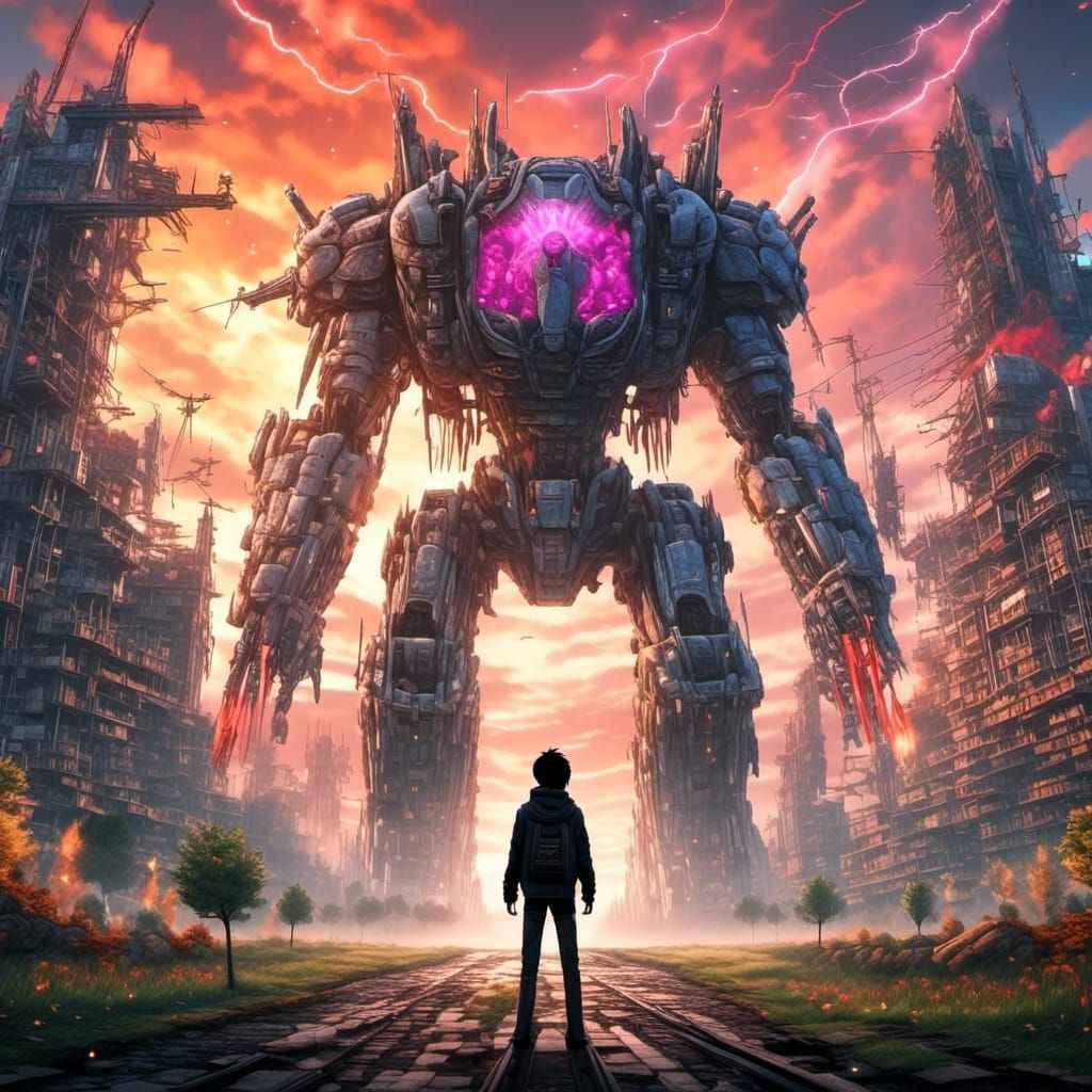 Anime Landscape with Cosmic Cyberpunk Fusion