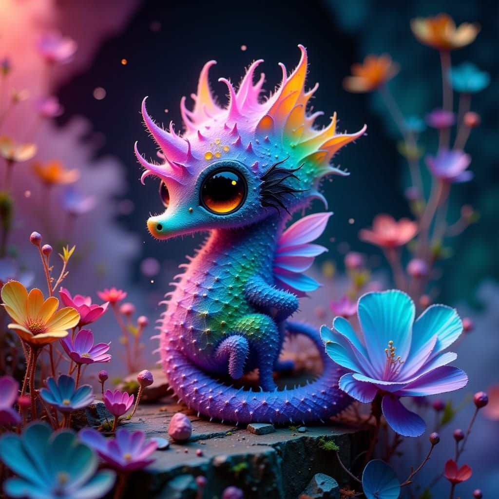 Iridescent Seahorse with Wings in Crystalline Cave