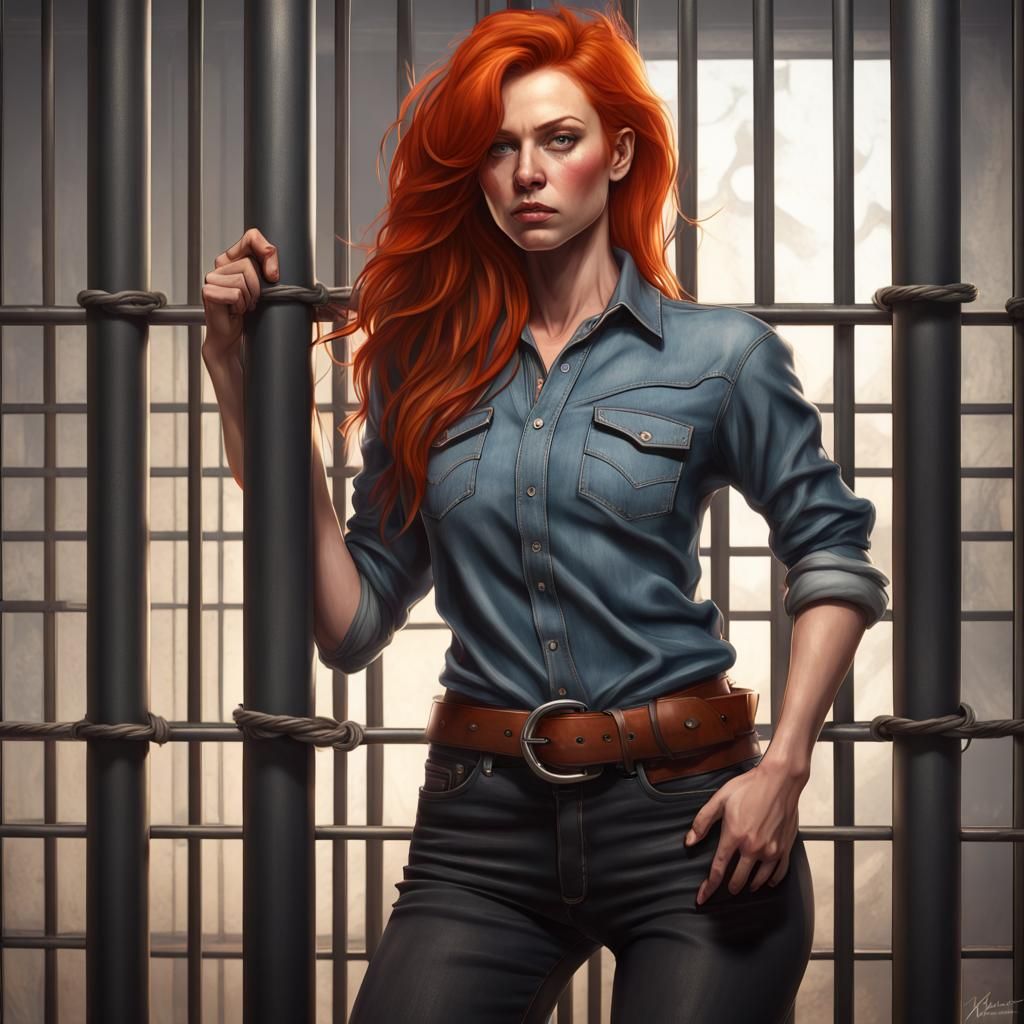 Redhead Woman in Jail Cell: Hyperdetailed Portrait