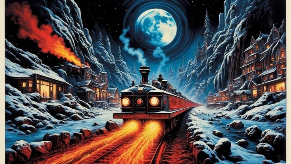 Dragon Train Emerging from Snowy Cave, Cinematic Movie Poste...
