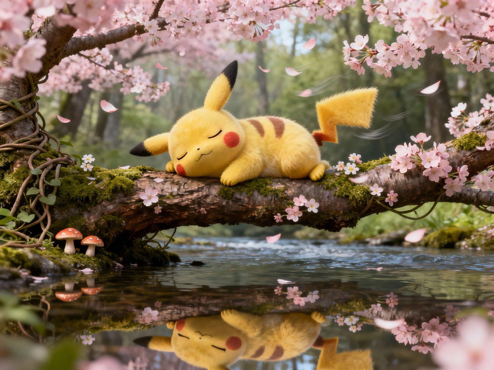 Cute Hyperrealistic Pikachu Sleeping on Cherry Blossom Branc...