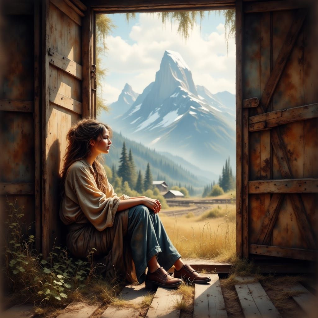 Woman in Freight Car Gazes at Distant Mountains