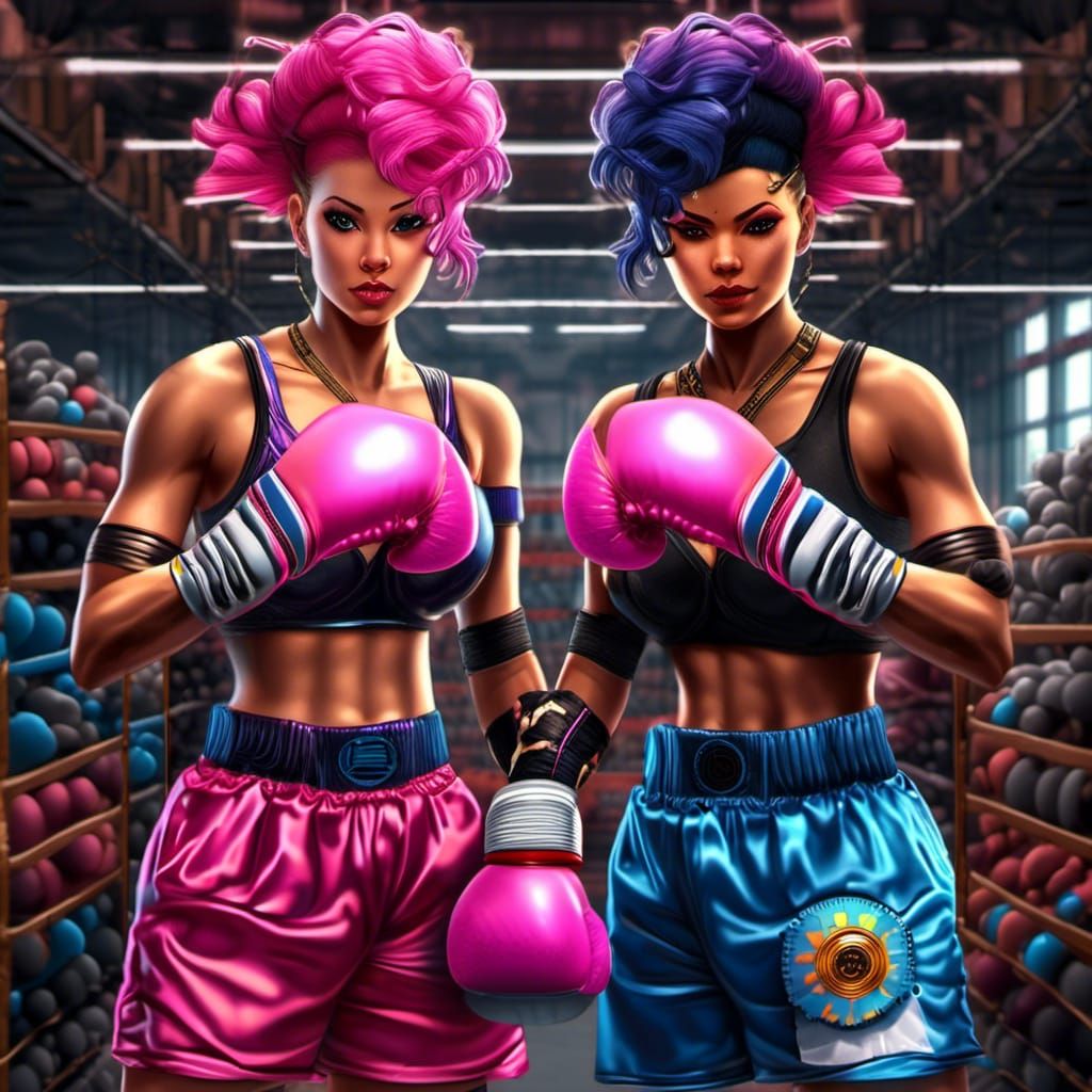 Cyborg Boxer in Warehouse, Hyperreal Action Painting