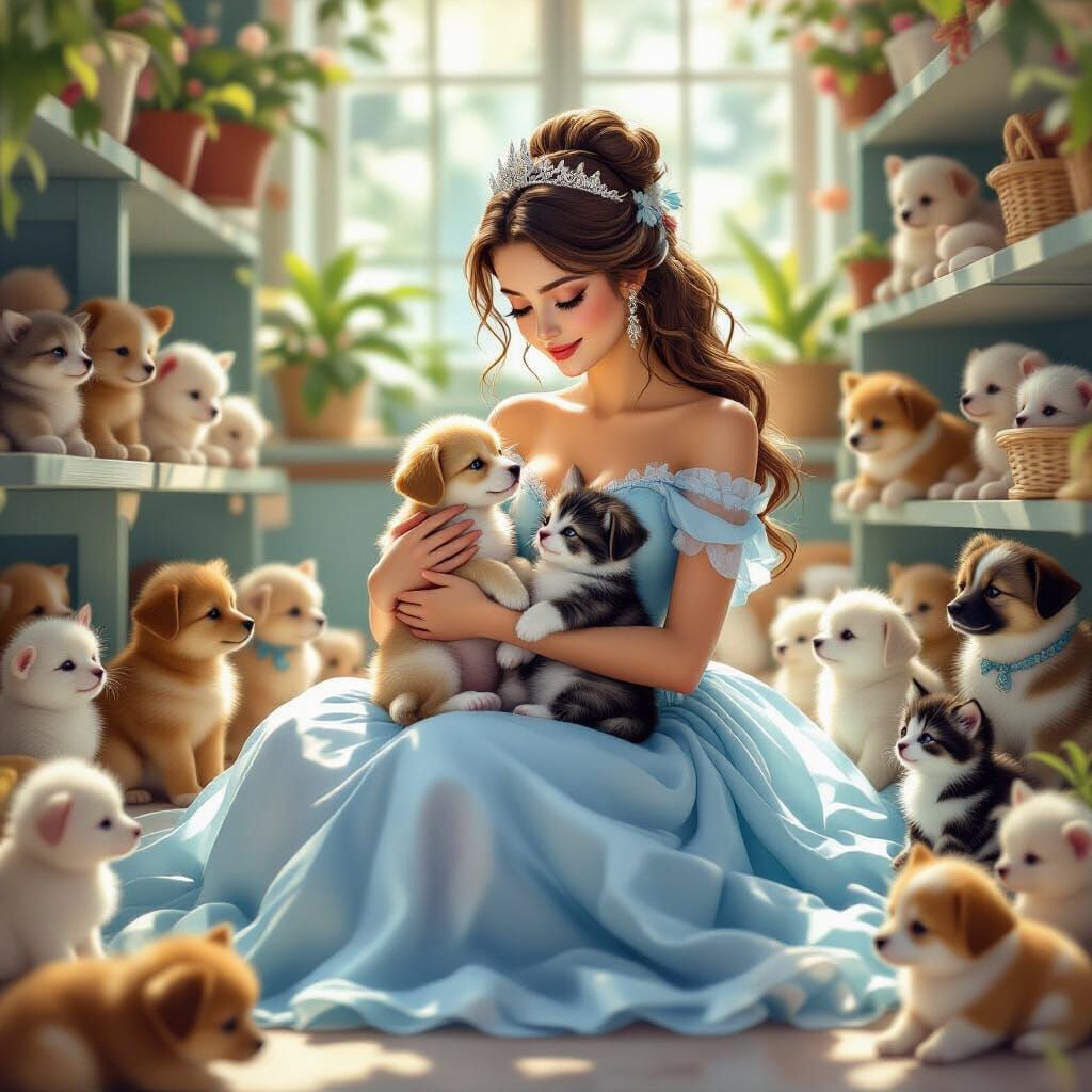 Princess with Puppy and Kitten in Pet Store