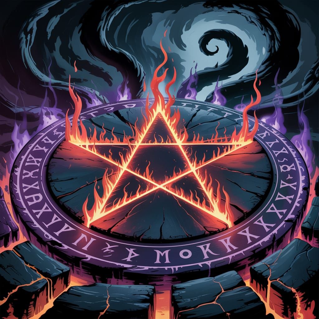 Fiery Pentagram Etched in Obsidian Stone