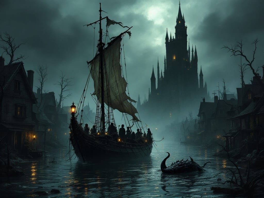 Dark Fantasy Boat Pulled by Aquatic Creature in Abandoned Wa...