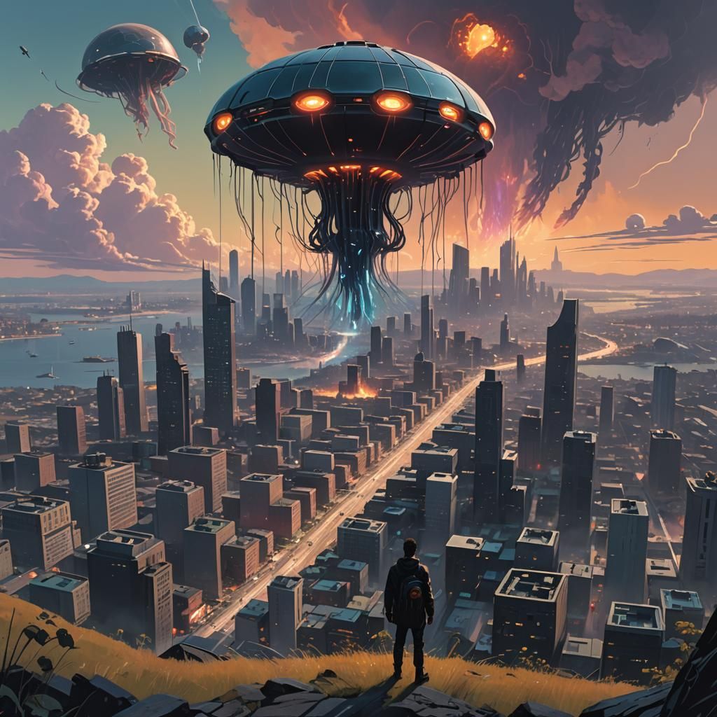 Retrofuturistic City Under Attack by Alien Spaceship