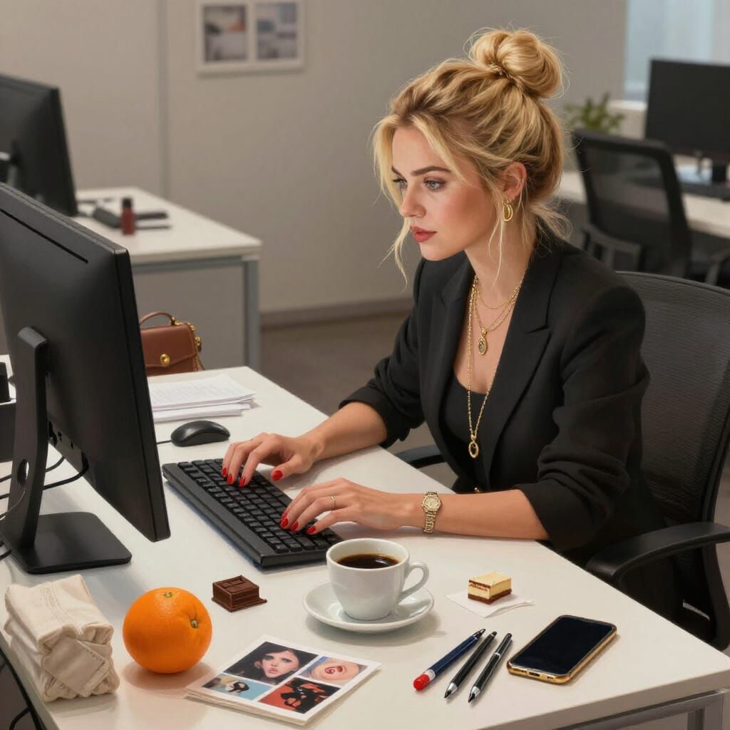 Woman Working in Office with Detailed Desk in Digital Painti...