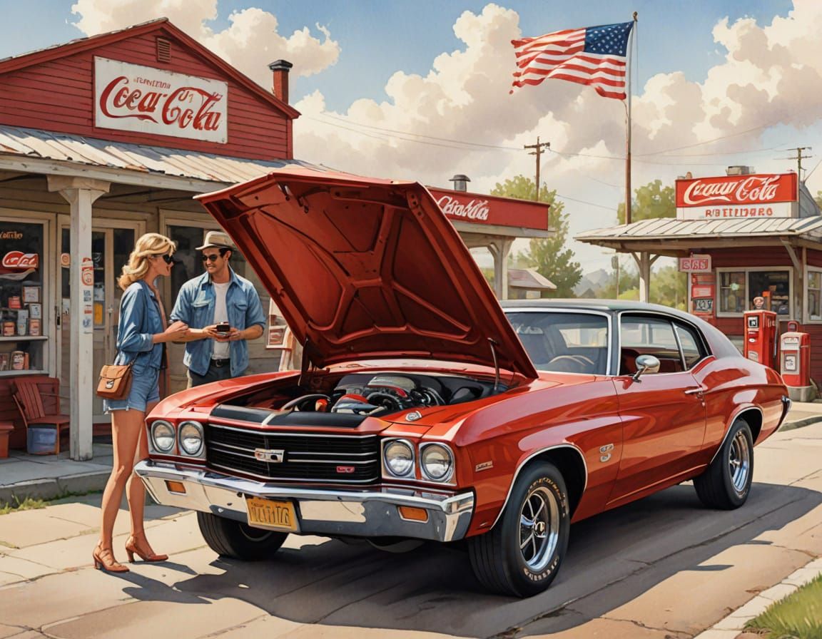 Vintage Muscle Car Family Gathering in Watercolor Style