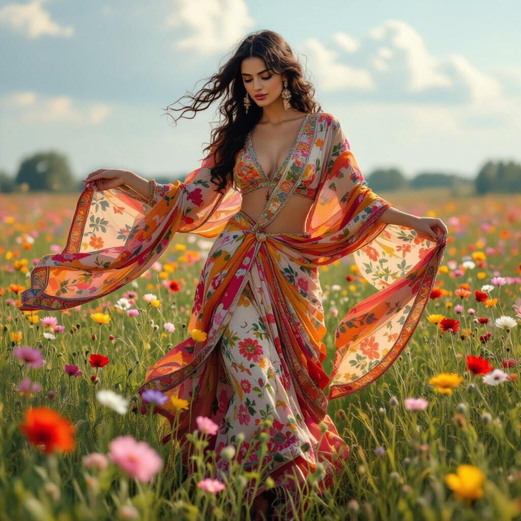 Lady Dancing in Flower Field: Art Nouveau Style