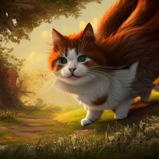 Fluffy Cat's Mischievous Playtime: Detailed Fantasy Art