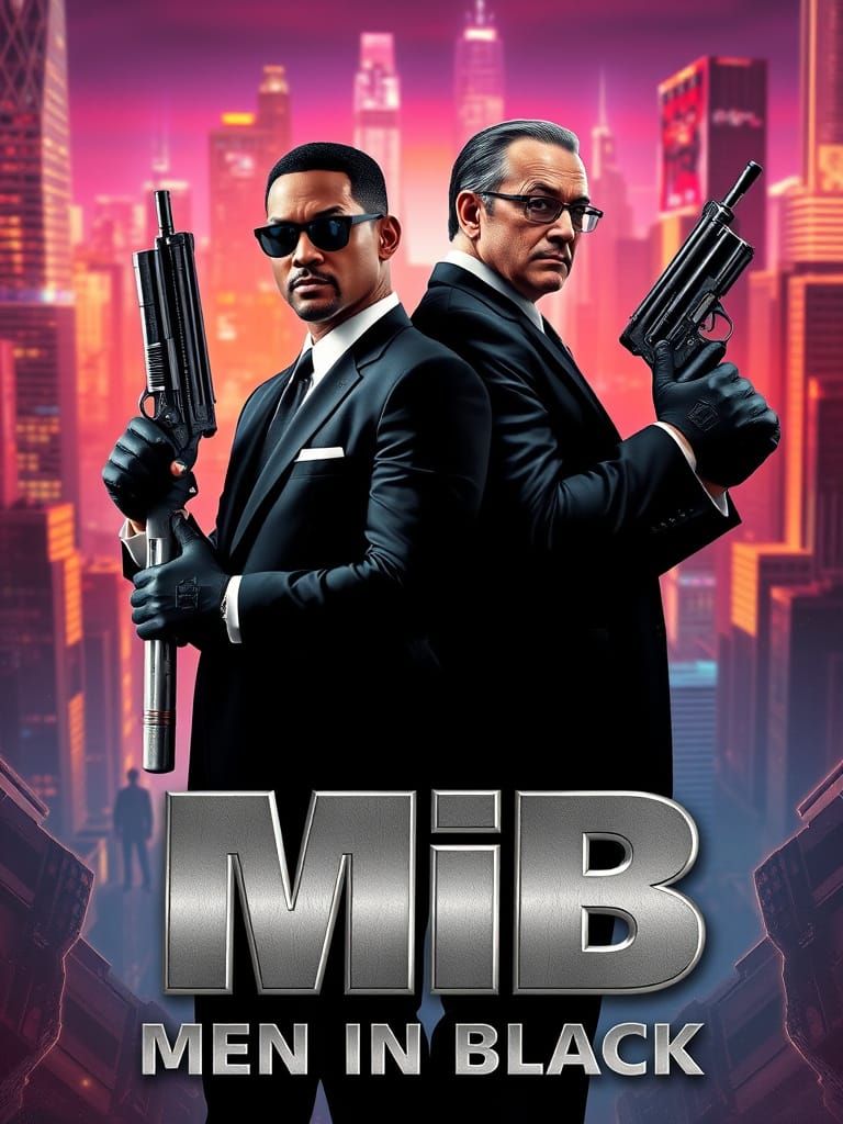 Men in Black Film poster, Will Smith and Tommy Lee Jones in black suits with large silver guns - lettering 'MiB
Men in B...