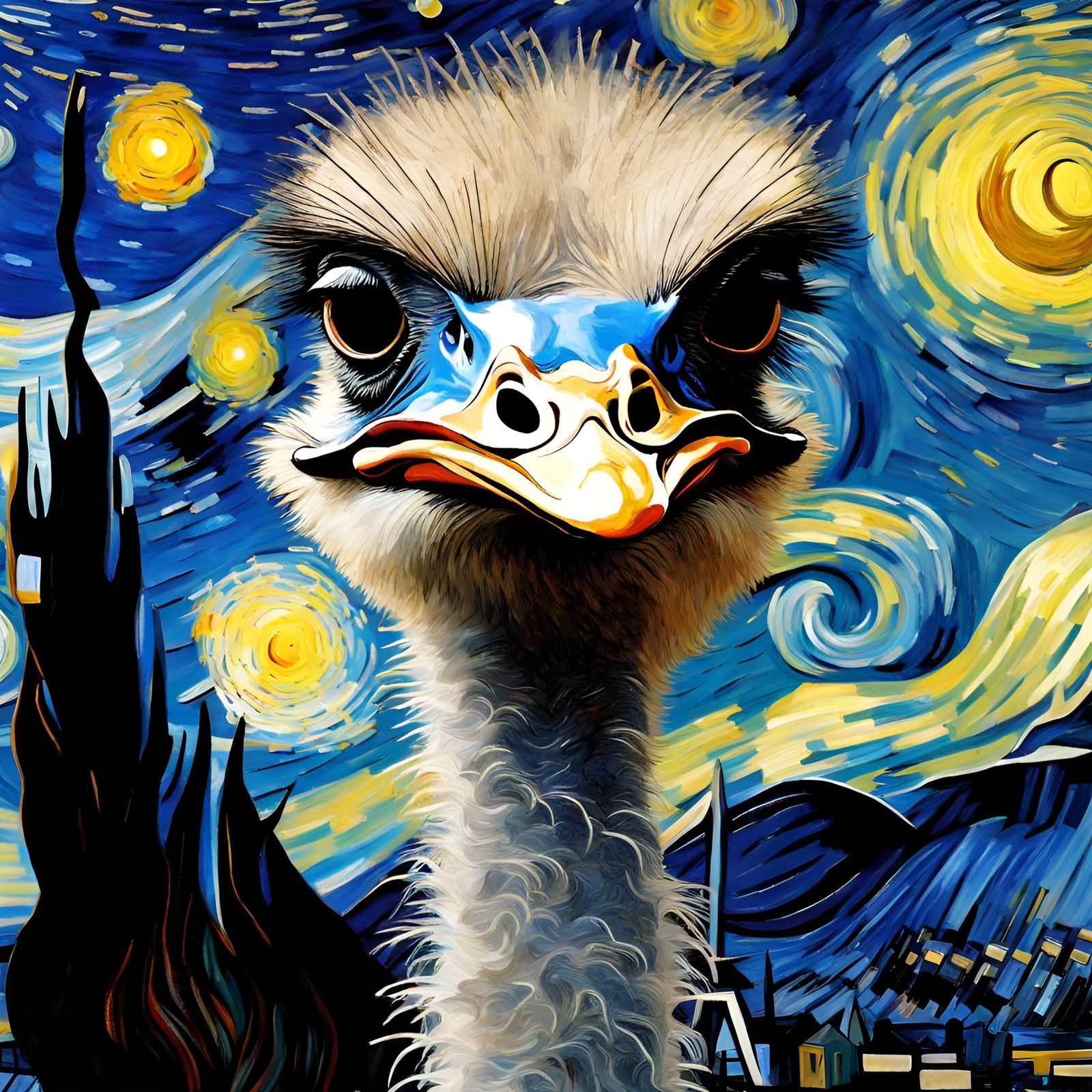 Ostrich Under Starry Night Sky, in Van Gogh Style