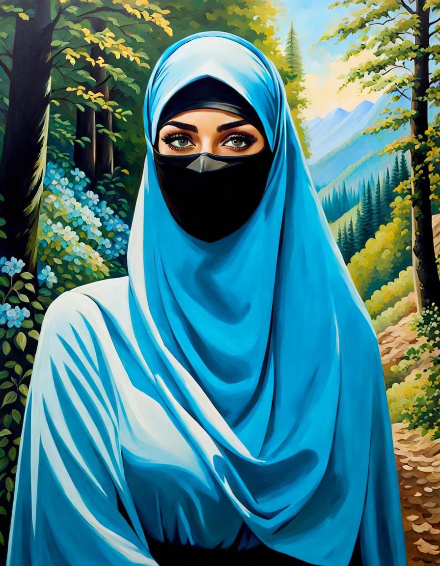 Enticing Woman in Niqab in Mountain Forest