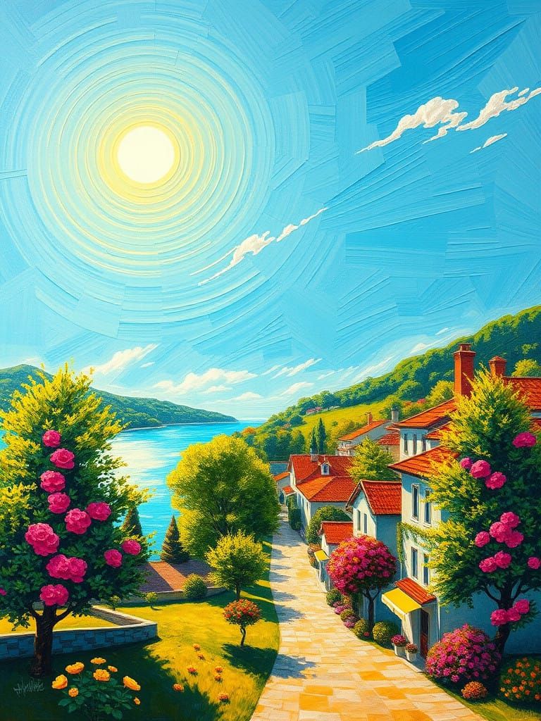 Vibrant Summer Village Scene in Impasto Style