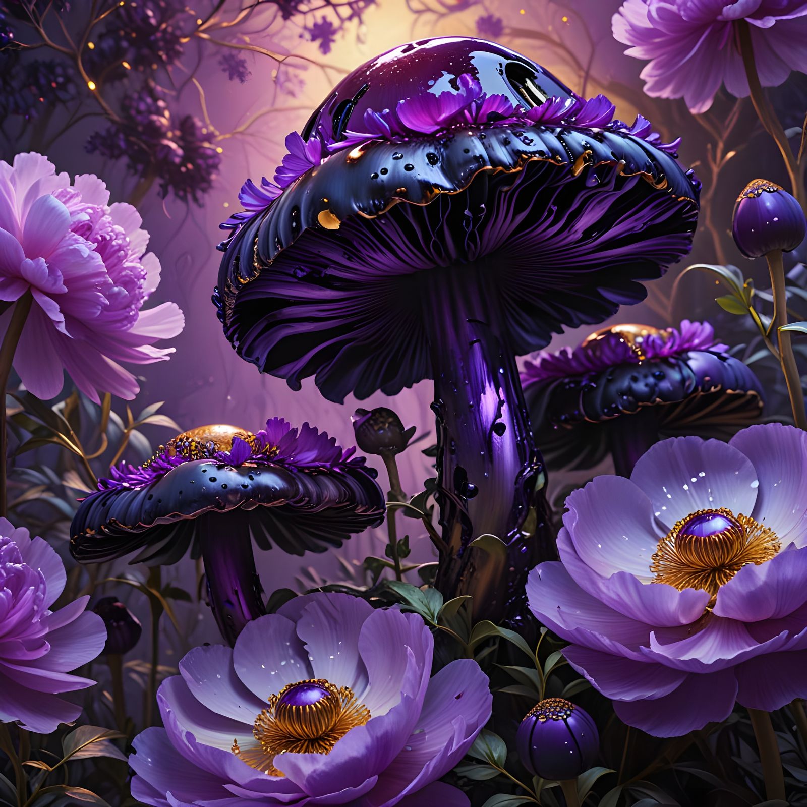 Giant Chrome Mushroom Blooms Amidst Purple Peonies