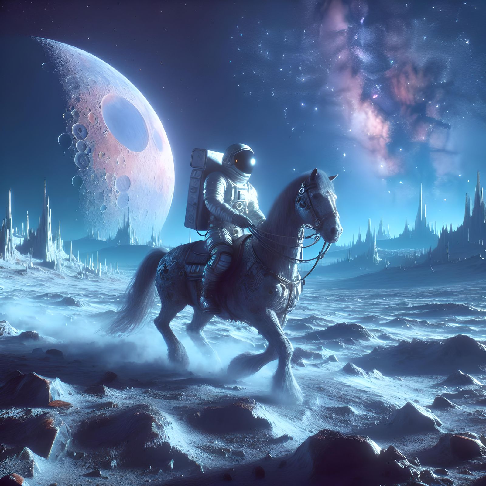 Astronaut Rides Horse on Moon: Matte Painting