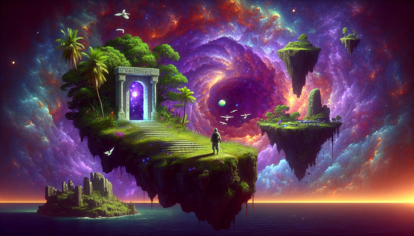 Cosmic Portal Scene in Watercolor Patchwork Style