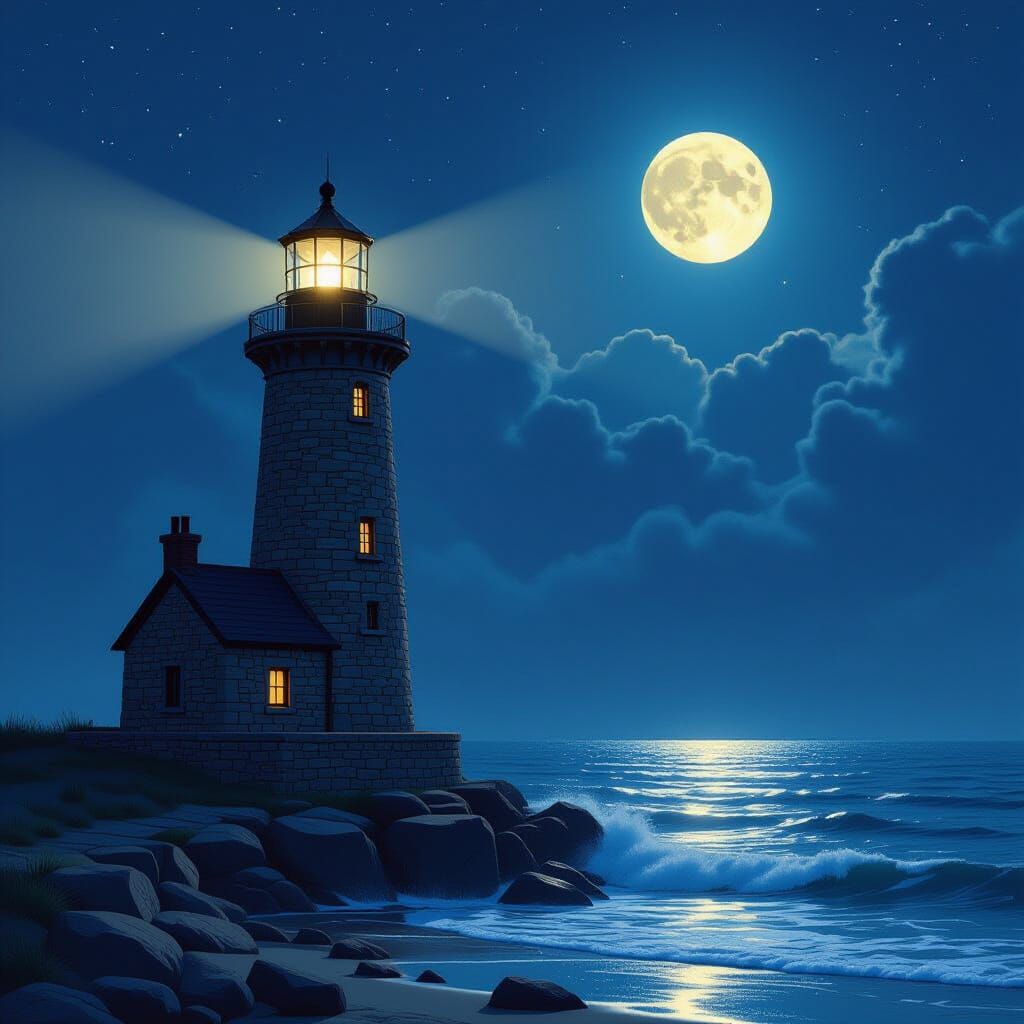 Hyperrealistic Lighthouse Illuminates Night Sky