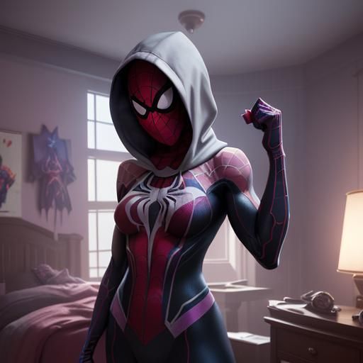 Spider-Gwen Muscular Pose in Detailed Matte Painting