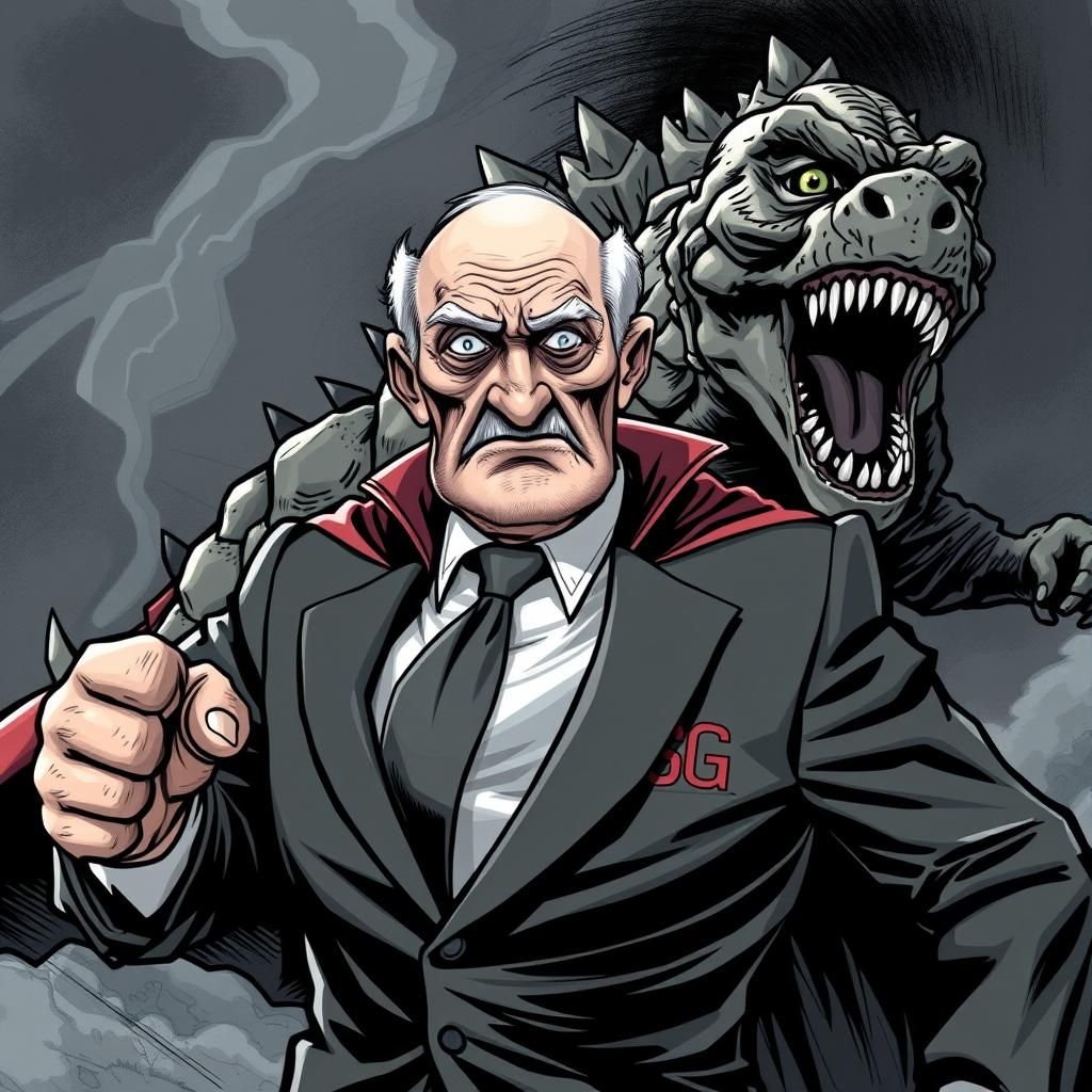 SuperGrandpa, a balding eightyish gentleman in a cape and th...