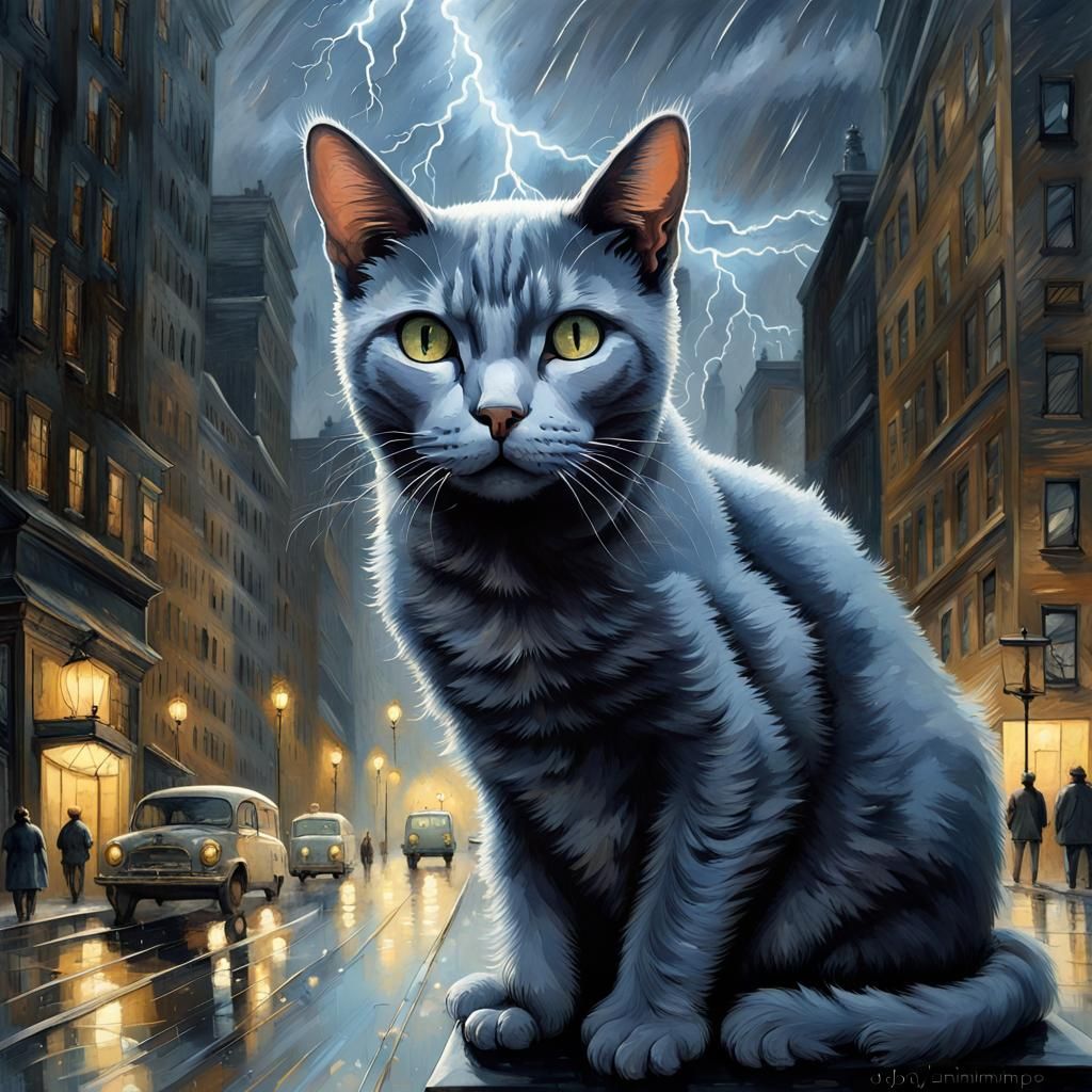 Beautiful Russian blue cat in the dark night in New York