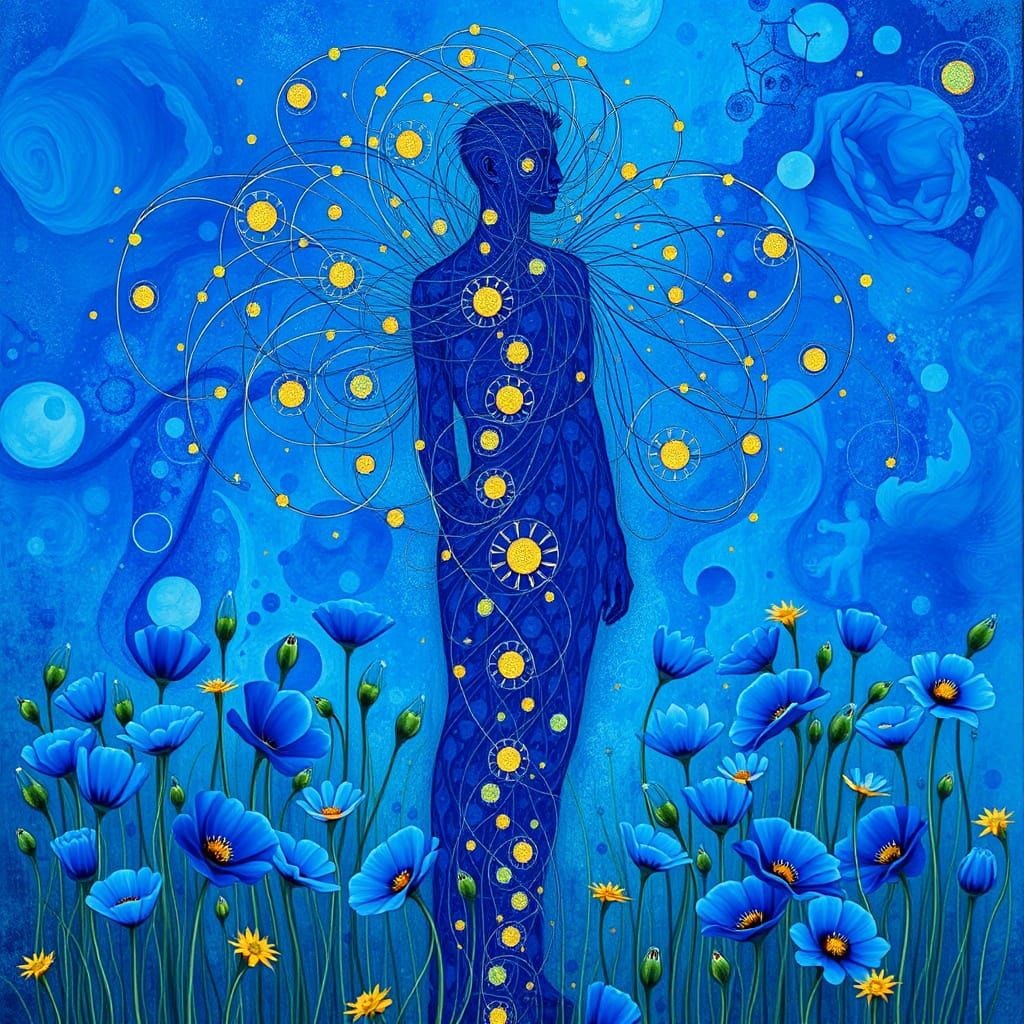 The Man in Cobalt Blue Amidst Whimsical Himalayan Poppies in...