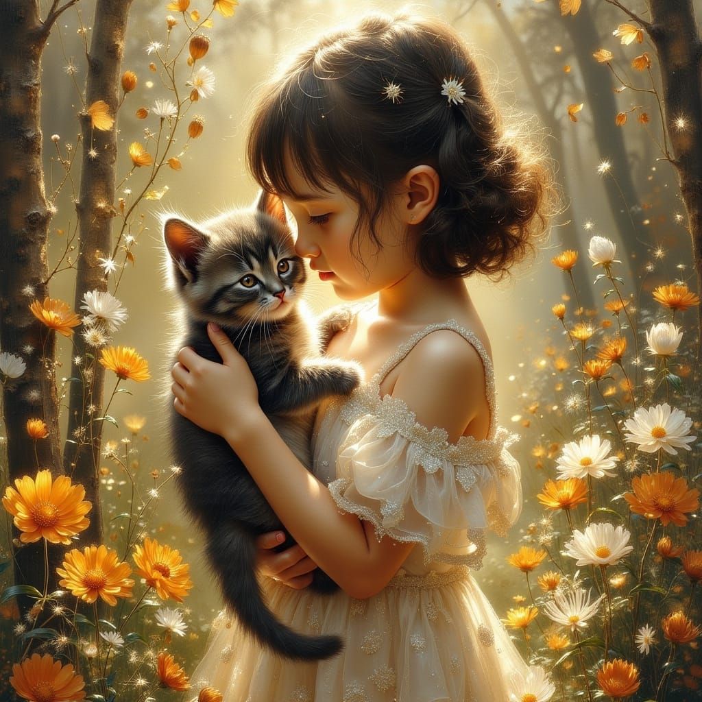 Child and Kitten in Flower Garden Oil Painting