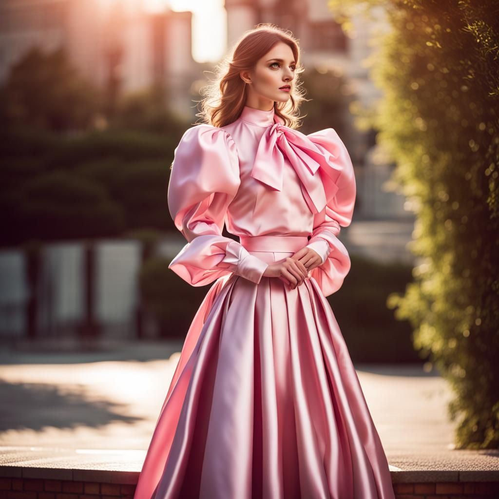 Woman in Pink Satin with Exaggerated Sleeves