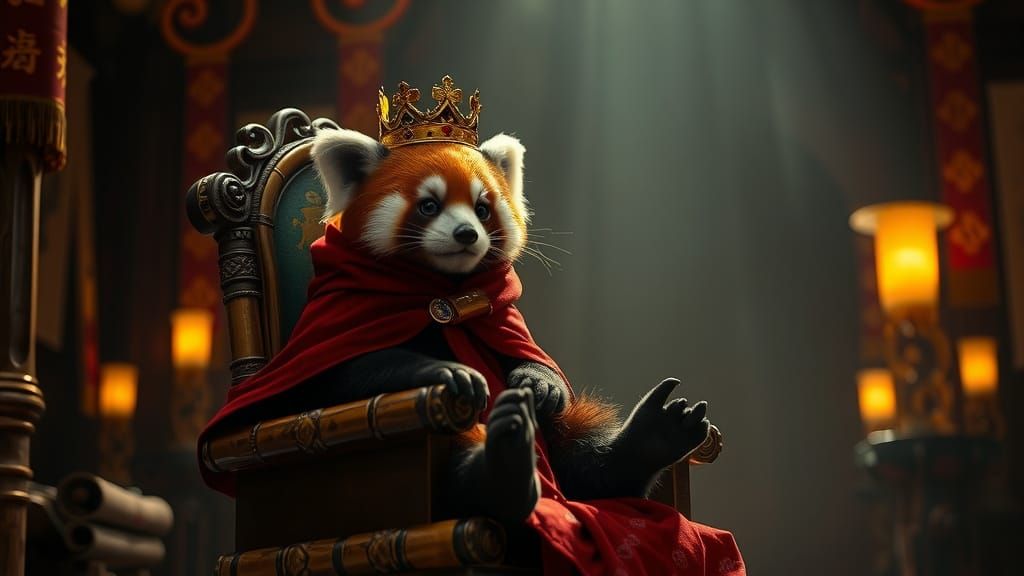 Regal Red Panda in Dimly Lit Hall