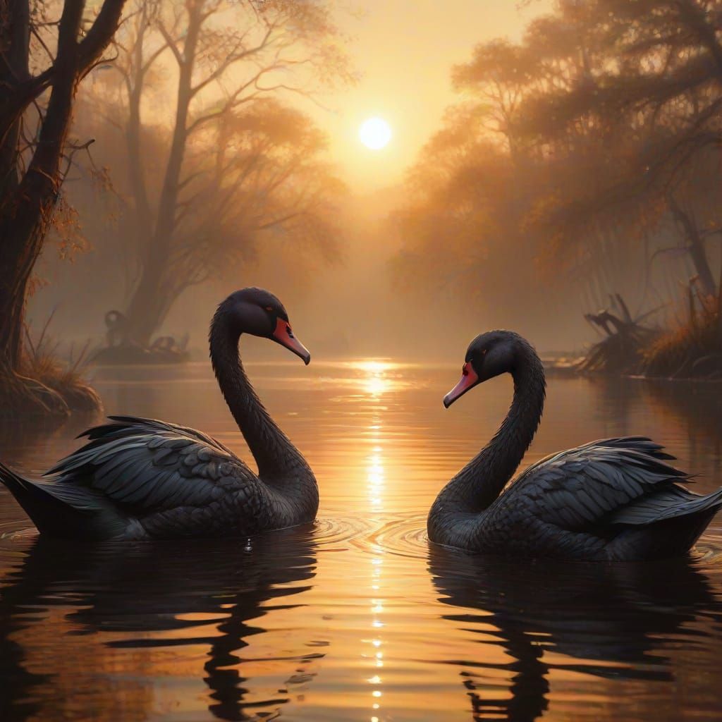 Steampunk Black Swans in Golden Light