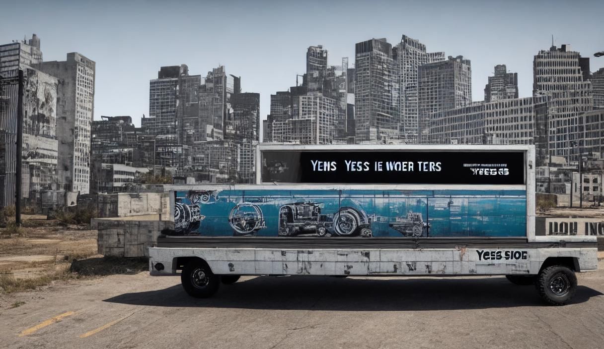 a large billboard with Text which reads "Yes, I like Dodge Power Wagons!" in front of a decaying cityscape trending on A...