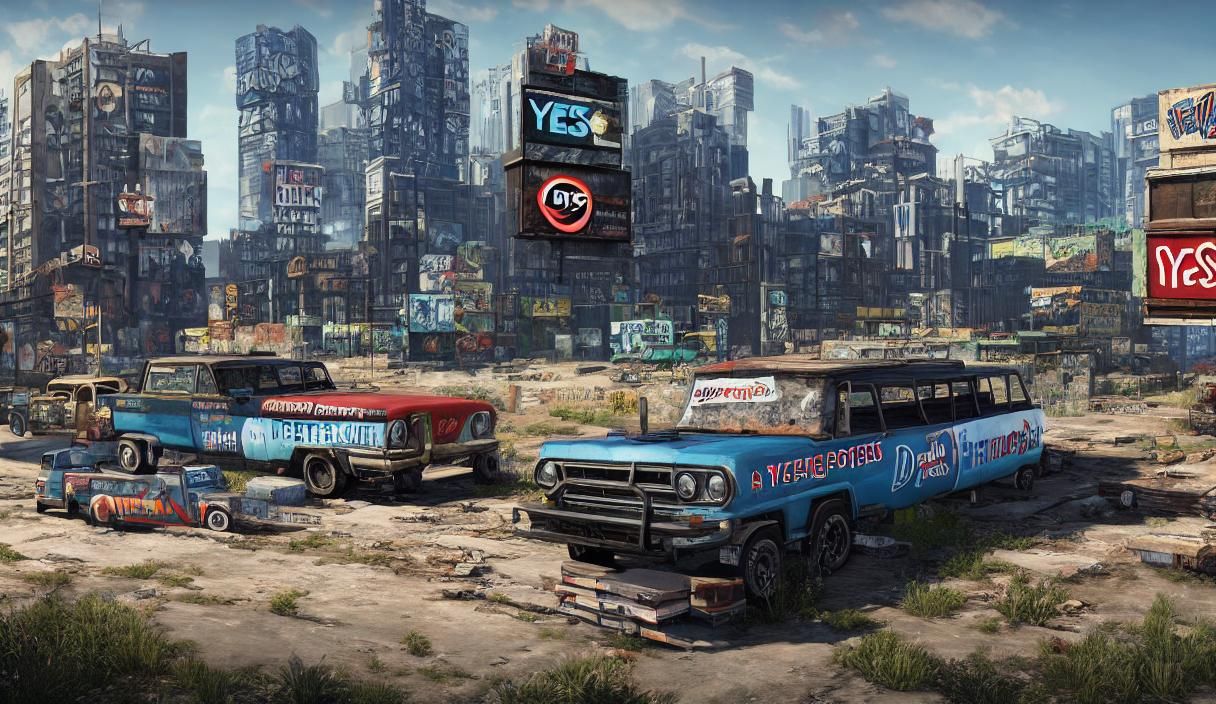 a large billboard with Text which reads "Yes, I like Dodge Power Wagons!" in front of a decaying cityscape trending on A...