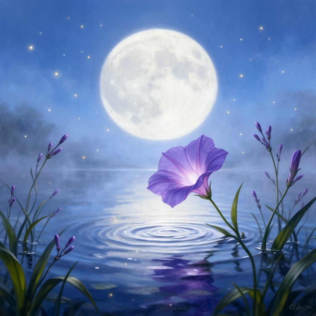 Luminous Moonlit Night with Floating Purple Flower
