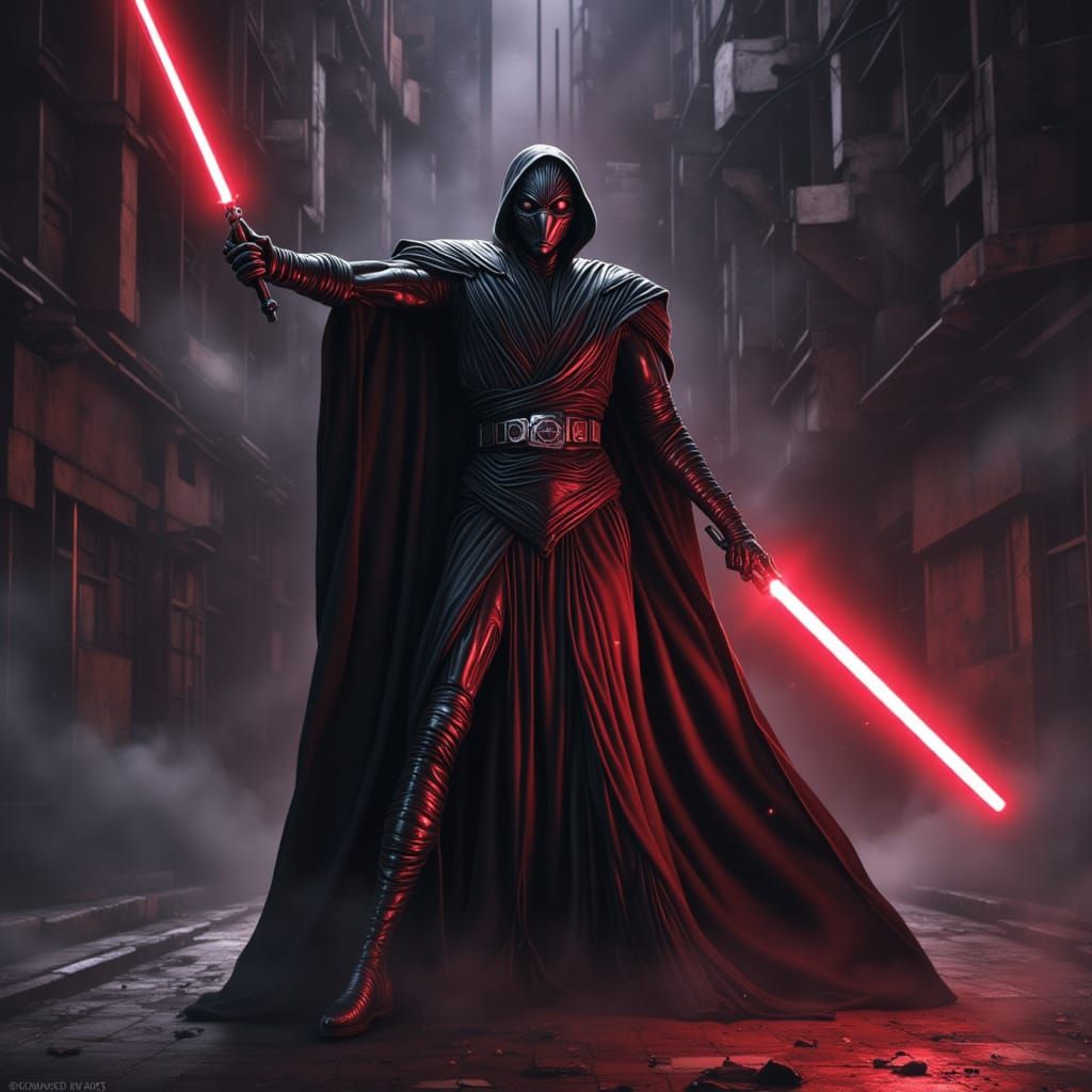 Darth Bane Ignites Lightsaber in Dark Sci-Fi Style