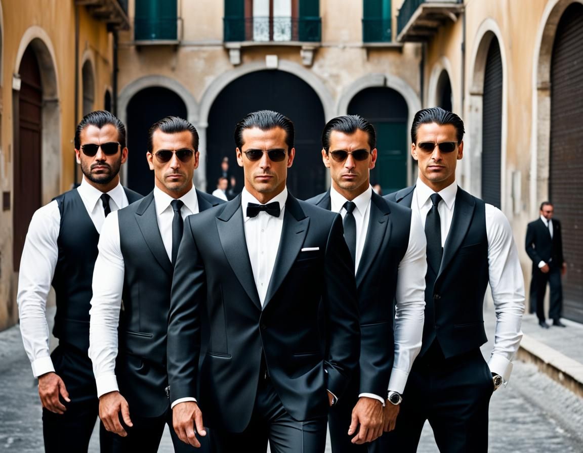 Italian Businessman with Teenage Bodyguards in Tuxedos