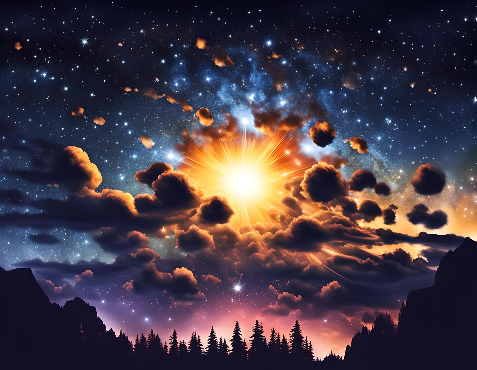 Spectacular Night Sky with Exploding Star and Meteors
