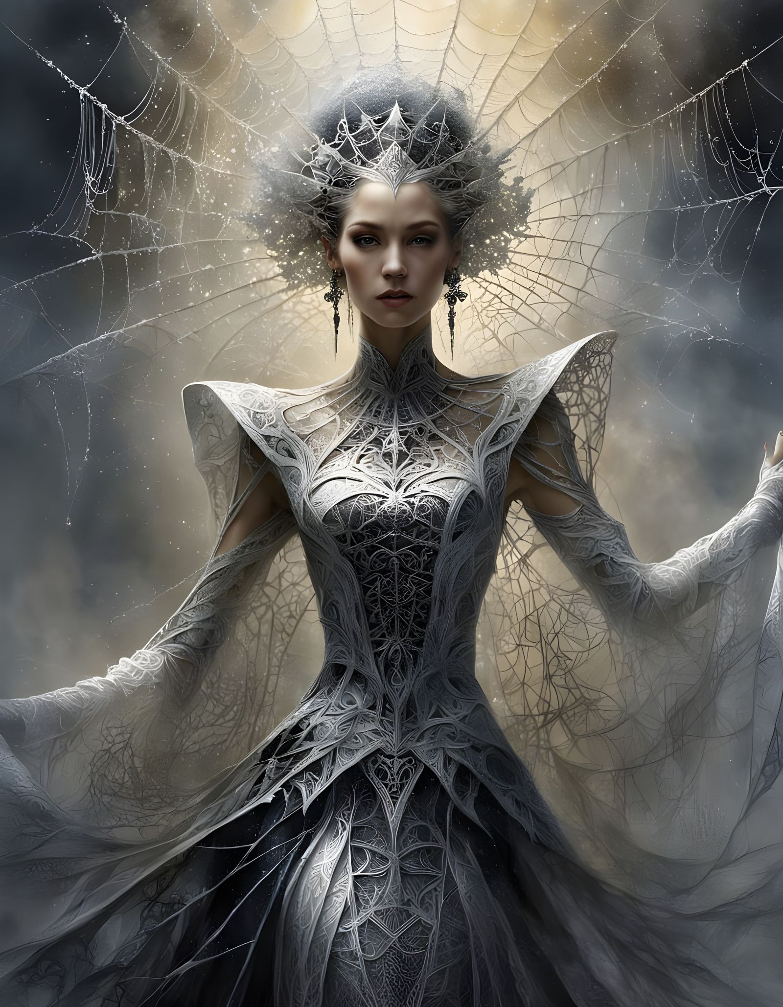Fantasy Queen Portrait with Spider-Web Dress in Sumi-e Style