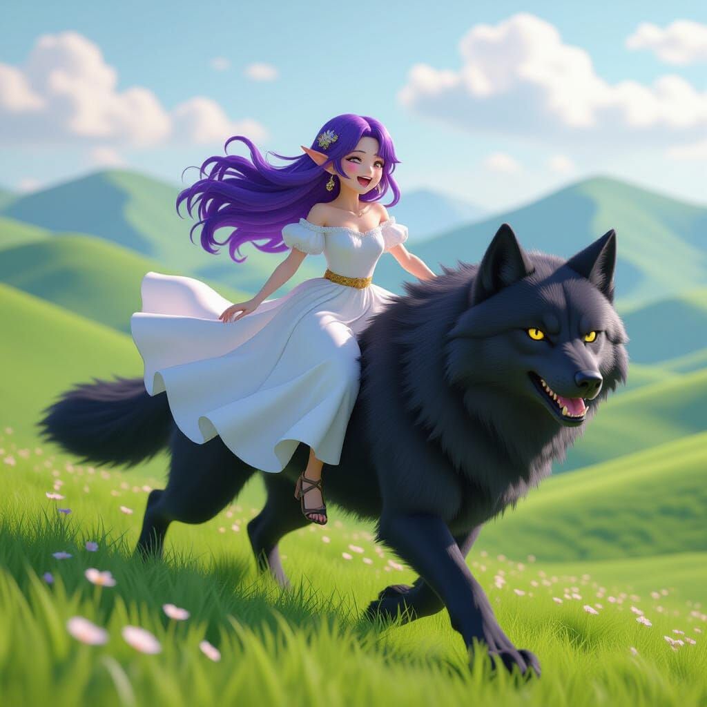 Elf Girl Rides Wolf in Anime Style