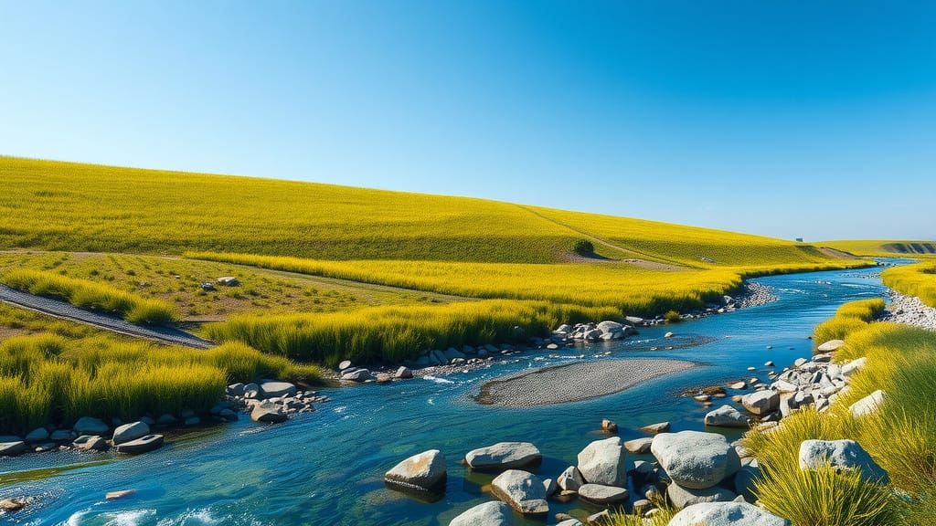 Hyperrealistic Sun-Drenched Grassland with Tranquil River